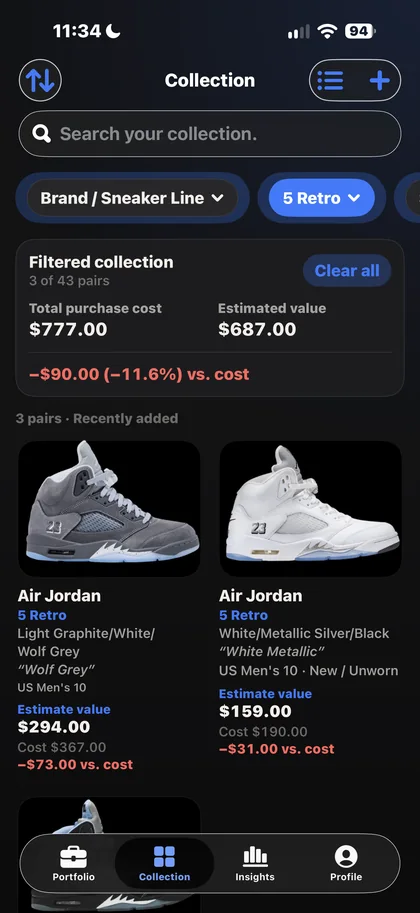 Filtered collection summary for three 5 Retro pairs.