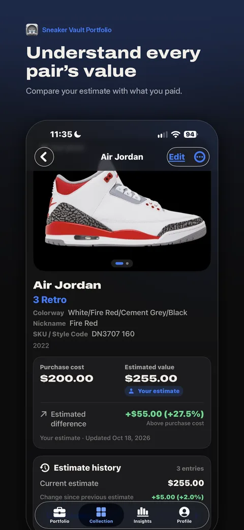Pair detail screen comparing a purchase cost of $200 with the owner’s estimate of $255.