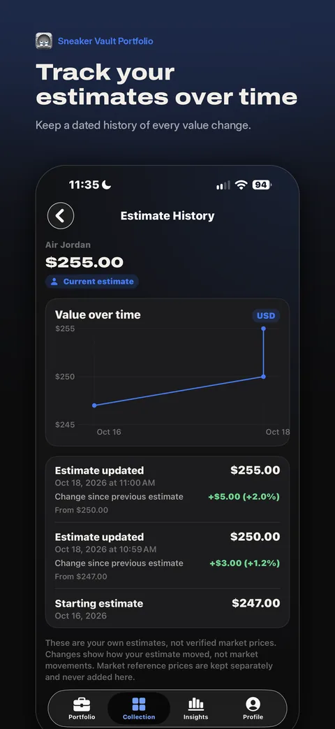 Estimate history screen with a value-over-time chart and dated estimate entries.
